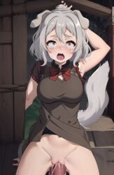 1girls ahe_gao ai_generated armpits bad_anatomy cowgirl_position cum cute dog_ears dog_girl dog_tail eye_contact female grey_hair interspecies large_breasts mushoku_tensei petite pov pursena_adoldia rape red_eyes sex slim teenager vaginal_penetration white_hair