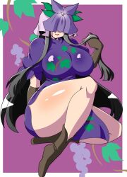 1girls akasode_(tyaramu) big_breasts big_thighs black_hair boots clothed_female covered_eyes fruit gloves grapes hat long_gloves long_hair portrait purple_background solo solo_female thick_thighs thighs touhou white_background yomotsu_hisami