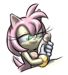 2023 accessory amy_rose anthro bodily_fluids cum cute cute_face duo eulipotyphlan female genital_fluids genitals green_eyes hair hair_accessory hairband handjob hedgehog hi_res hotred is_(artist) male male/female mammal medium_breasts multicolored_body penis pink_body pink_hair precum sega servedasis smile sonic_(series) sonic_the_hedgehog_(series) tail tail_motion tailwag tan_body two_tone_body