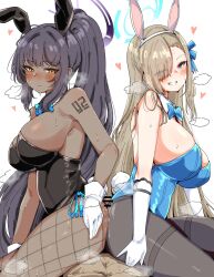 1boy 2girls animal_ears asuna_(blue_archive) asuna_(bunny)_(blue_archive) bar_censor bare_shoulders black_hair black_leotard black_pantyhose blue_archive blue_bow blue_bowtie blue_eyes blue_leotard blush bow bowtie breasts buttjob censored chocolate_and_vanilla closed_mouth cooperative_buttjob dark-skinned_female dark_skin detached_collar eyes_visible_through_hair fake_animal_ears fake_tail ffm_threesome fishnet_pantyhose fishnets gloves grin group_sex hair_over_one_eye halo heart high_ponytail highres karin_(blue_archive) karin_(bunny)_(blue_archive) large_breasts leotard light-skinned_female light_brown_hair long_hair looking_at_viewer looking_down machismo_fuji millennium_science_school_student multiple_girls pantyhose penis playboy_bunny pov rabbit_ears rabbit_tail smile straight tail threesome very_long_hair white_background white_gloves yellow_eyes