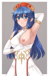 1girls absurdres alternate_costume armpit_fetish armpits blue_eyes blue_hair breasts breasts_out commentary_request commission dress elbow_gloves female female_only fire_emblem fire_emblem:_the_binding_blade fire_emblem_heroes flashing gloves hair_between_eyes hat hazuki_(nyorosuke) highres large_breasts lilina_(fire_emblem) lilina_(firelight_leader)_(fire_emblem) long_hair looking_at_viewer nintendo nipples official_alternate_costume one_breast_out skeb_commission smile solo