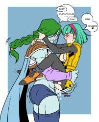 blue_skin blush braid braided_hair bulma_briefs bulma_briefs_(frieza_saga) carrying_partner cum cum_in_pussy cum_inside dialogue dragon_ball dragon_ball_z female green_hair penis plumlewds torn_clothes zarbon