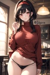 ai_generated black_hair black_thong earrings hair_ornament hand_up idgaroo light_smile living_room red_eyes red_sweater spy_x_family stable_diffusion thong window yor_briar yor_forger