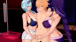 1boy 2girls 3d aether_(genshin_impact) alternative_outfit big_breasts big_penis breasts_bigger_than_head fat_ass genshin_impact glasses holding hoyoverse koikatsu long_hair masturbation mihoyo pleasure_face sex short_hair straight thick_thighs threesome