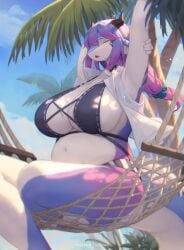 1girls anthro beach belly big_breasts bikini blue_hair breasts closed_eyes clothed clothing dragon dragon_horns dragon_tail female female_anthro female_only hair hammock hi_res horn horns lanya_(lcshian) lcshian long_hair pink_hair purple_hair slightly_chubby solo stretching swimwear tail thick_thighs tied_hair two_tone_hair white_body