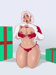 1girls beauty_mark bedroom_eyes big_breasts blush breasts breasts_out christmas christmas_present earrings eyeshadow female gloves half-closed_eyes hands_on_breasts heyimaniart kneeling lipstick looking_at_viewer nipples nude original original_character solo white_hair