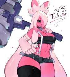 adorable anthro blue_eyes breasts clothed clothing cute cute_face female female_only generation_9_pokemon hair hammer hand_on_hip hi_res holding_hammer holding_object holding_tool nintendo pink_body pink_hair pokemon pokemon_(species) pokemon_sv simple_background solo solo_female tinkaton togetoge tools