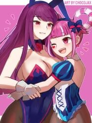 2girls ;d adapted_costume alternate_costume animal_ears back bare_back blue_leotard blunt_bangs breasts bunny_ears bunny_girl bunnysuit chocojax cleavage commentary_request detached_collar detached_sleeves facial_mark fake_animal_ears female female_only fingerless_gloves fire_emblem fire_emblem_engage gloves grin hair_rings heart highres hortensia_(fire_emblem) ivy_(fire_emblem) large_breasts leotard long_hair looking_at_another multiple_girls nintendo one_eye_closed open_mouth pantyhose pink_eyes pink_hair playboy_bunny puffy_short_sleeves puffy_sleeves purple_eyes purple_hair rabbit_ears short_sleeves siblings sisters smile strapless strapless_leotard very_long_hair white_gloves