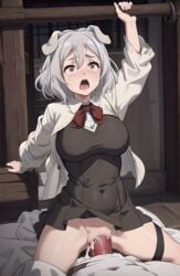 1girls ahe_gao ai_generated armpits cowgirl_position cum dog_ears dog_girl dog_tail female grey_hair interspecies large_breasts mushoku_tensei petite pursena_adoldia rape red_eyes sex slim teenager vaginal_penetration white_hair