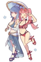 2girls alternate_costume bikini blue_footwear blue_hair blue_swimsuit breasts female female_only fire_emblem fire_emblem:_three_houses fire_emblem_heroes haconeri high_heel_sandals high_heels hilda_valentine_goneril hilda_valentine_goneril_(summer) marianne_von_edmund marianne_von_edmund_(summer) nintendo official_alternate_costume pink_bikini pink_footwear pink_swimsuit sandals swimsuit