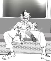 1boy boner circumcised closed_eyes erection glasses kannovaku large_penis male_only monochrome necktie non-human original overcoat public_transportation salaryman single_horn sitting skinny sleeping solo train_interior ukavonnak