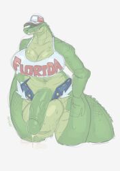 alligator alligatorid anthro balls big_balls big_breasts big_penis bodily_fluids bottomwear breasts cleavage clothed clothing crocodilian crop_top genital_fluids genitals green_body green_skin gynomorph hat headgear headwear hi_res huge_balls huge_breasts huge_cock intersex mammal nanokindred penis precum reptile scalie shirt shorts solo sweat sweaty_genitalia thick_thighs topwear