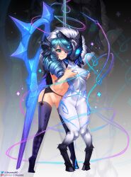 2girls anthro areola blue_areola blue_nipples blue_pussy bovid breast_grab breasts caprine digital_media_(artwork) duo fecharis female female/female female_only fingers from_behind_position fur genitals glowing glowing_eyes glowing_genitalia glowing_markings glowing_pussy gwen_(league_of_legends) hand_on_breast hi_res human humanoid kindred lamb_(league_of_legends) league_of_legends likunea looking_at_viewer mammal markings mask medium_breasts multiple_girls nipples nude pussy riot_games sheep simple_background spread_legs spreading url white_body white_fur white_hair