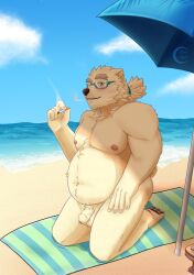 1boy anthro balls beach bear belly cigarette eyebrows eyewear flaccid foreskin fur genitals glasses hair hi_res kain.angel leib_(tokyo_afterschool_summoners) lifewonders male male_only mammal musclegut navel nipples pecs penis polar_bear ponytail sand sea seaside smoking solo thick_eyebrows tokyo_afterschool_summoners umbrella ursine water white_body white_fur