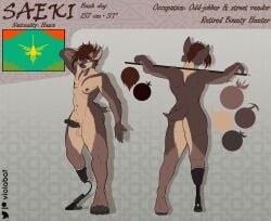 abstract_background absurd_res amputee anthro black_penis brown_body brown_fur bush_dog canid canine cigarette disability erection flag fur genitals hi_res humanoid_genitalia humanoid_penis looking_at_viewer male mammal mature_male model_sheet nude penis prosthetic prosthetic_leg prosthetic_limb saeki_(viola_bat) side_cut smoking smoking_cigarette solo solo_male staff text viola_bat