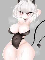 breasts helltaker malina_(helltaker) red_eyes tagme tagme_(artist) thighs white_hair