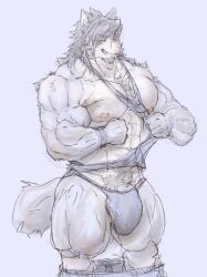 2023 abs absurd_res anthro body_hair bottomwear bottomwear_down bulge canid canine canis chest_tuft clothed clothing domestic_dog facial_hair flexing fur genitals grey_body grey_fur grey_hair hair happy_trail hi_res husky kouya_(morenatsu) male mammal morenatsu muscular muscular_anthro muscular_male nipple_piercing nipples nordic_sled_dog pants pants_down partially_clothed pecs penis penis_base piercing pubes restricted_palette shirt sideburns smile smirk solo spitz tan_body tan_fur tank_top topwear tuft yellow_eyes yunu38