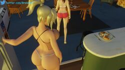 1futa 2girls 3d blonde_hair brown_hair brunobwh confused cum_on_food d.va donut huge_ass huge_breasts mercy nipples_visible_through_clothing oblivious older_female overwatch overwatch_2 pancake unaware younger_futanari