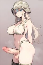 ai_generated balls blue_eyes erection futa_only futanari helmet looking_at_viewer military_helmet penis skif45 veiny_penis