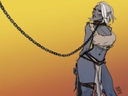 based_on_audio_drama bound bound_wrists chained chained_collar clothed dark_elf dark_skin drow drow_female elf elf_ears elf_female elf_slave fantasy grey_skin kumi-pumi lead leash leash_and_collar pin-up pinup purple_eyes sadisticdreamer sketch slave slave_collar slave_outfit slavegirl tinesia violet_eyes wearing_rags white_hair