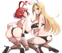 2girls alternate_version_available ass bangs blonde_female blonde_hair blush breasts bunny_ears bunny_girl bunny_tail bunnysuit embarrassed female female_only fishnet_legwear fishnet_thighhighs fishnets gold_eyes gonzarez heels hips huge_ass huge_breasts latex light-skinned_female light_skin long_hair mythra nintendo pyra red_hair short_hair slim_waist swept_bangs thick_thighs thighs wide_hips xenoblade_(series) xenoblade_chronicles_2