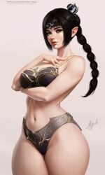 1girls abs armor baldur's_gate baldur's_gate_3 big_breasts black_hair bra breasts curvy dungeons_and_dragons elf forgotten_realms green_eyes hi_res hourglass_figure large_breasts looking_at_viewer moonlen-jack panties ponytail shadowheart skimpy thick_thighs thighs voluptuous wide_hips