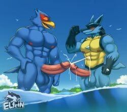 absurd_res anthro avian beach beak bird blue_body blush bodily_fluids canid canine closed_eyes cum cum_on_belly cum_on_body duo elfein erection falco_lombardi flexing_bicep frottage gay generation_4_pokemon genital_fluids genitals gull hi_res lari larid lucario male male/male mammal muscular muscular_male nintendo orgasm penis pokemon pokemon_(species) sea seaside sex spines star_fox touching_tips watermark