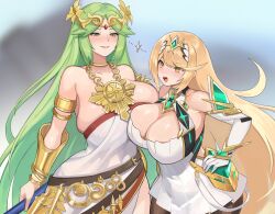 2girls blonde_hair breasts cleavage clothed company_connection crossover female gold_eyes green_eyes green_hair hips huge_breasts kid_icarus kid_icarus_uprising lightning_stare long_hair mythra nintendo norza palutena super_smash_bros. super_smash_bros._ultimate thick_thighs thighs wide_hips wip work_in_progress xenoblade_(series) xenoblade_chronicles_2