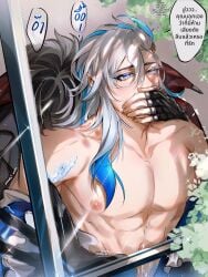 2boys abs anal_sex bite_mark blush covering_mouth genshin_impact hickey male males_only muscular neuvillette_(genshin_impact) pmknpe thai_text translation_request wriothesley_(genshin_impact) yaoi