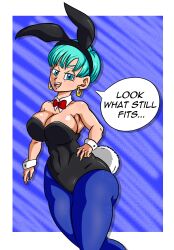 big_ass big_breasts blue_eyes blue_hair bulma_(bunny) bulma_briefs bunnysuit dragon_ball dragon_ball_super dragon_ball_z hoop_earrings milf short_hair speech_bubble superspacewarrior