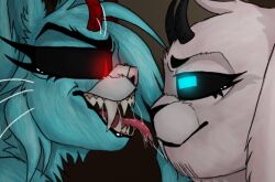 anthro black_horns blackdogproductions_(artist) blue_eyes blue_hair buckteeth cropped_image cupping_chin demon demon_girl dominant_female drooling duo fangs feline female forked_tongue glowing_eyes incubus licking lucicole_(au) male nicole_watterson rabbit rabbit_ears red_eyes red_horns richard_watterson saliva saliva_string smile smirk succubus the_amazing_world_of_gumball whiskers