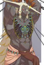 abs arms_above_head balls biceps blue_eyes blush bodily_fluids bottomwear bulge chains charged_armor_(totk) clothed clothing disembodied_hand duo ear_piercing ear_ring erection erection_under_clothing fur genital_fluids genital_outline genitals grey_body grey_fur hair hi_res jewelry kiramofu loincloth male male_only mammal necklace nintendo no_humans obliques pec_grab pecs penis_outline piercing precum rauru_(tears_of_the_kingdom) ring_piercing shawl solo_focus tears_of_the_kingdom the_legend_of_zelda triceps white_hair zonai