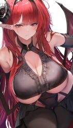 1girls azur_lane black_gloves breasts cleavage clothed clothing female female_only gloves hindenburg_(azur_lane) horns huge_breasts iron_blood_(azur_lane) liaowen light-skinned_female light_skin looking_at_viewer pink_eyes pointy_ears red_hair solo underboob wings