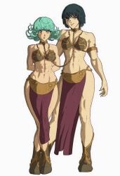 2girls abs arms_behind_back athletic_female belly_dancer belly_dancer_outfit black_hair blue_eyes bondage boots bound_together chain_leash chained chained_together cleavage collar esper_sisters female female_only femsub fit_female fubuki_(one-punch_man) green_hair harem harem_girl harem_outfit large_breasts linked_collar loincloth medium_hair multiple_girls multiple_subs one-punch_man slave slave_bikini slave_collar slave_leia_(cosplay) slave_outfit slavegirl star_wars tatsumaki yoracrab