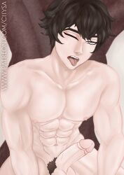 1boy black_hair chysa_art dan_heng gay honkai:_star_rail male male_only muscles pale_skin solo tagme tongue tongue_out wink