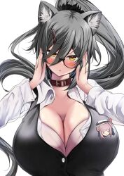 1girls :o absurd_res alternate_costume animal_collar animal_ear_fluff animal_ears arknights badge belt_collar bespectacled big_breasts blush breasts busty button_badge cat_ears cat_girl cleavage collar curvaceous curvy dress_shirt enormous_breasts female female_only fluffy_ears giant_breasts gigantic_breasts glasses grey_hair hair_between_eyes hairclip hi_res huge_breasts hyper_breasts kokihanada large_breasts light-skinned_female light_skin long_sleeves looking_at_viewer massive_breasts medium_hair orange_eyes parted_lips partially_unbuttoned ponytail schwarz_(arknights) seductive seductive_eyes seductive_gaze seductive_look seductive_mouth seductive_pose shirt simple_background solo solo_female upper_body voluptuous white_background white_shirt