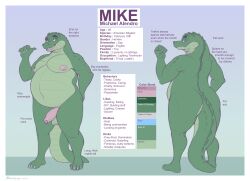 absurd_res anthro ass balls brownieclop crocodile crocodilian crocodylid digital_media_(artwork) english_text genitals hi_res male mike_(brownieclop) model_sheet nipples nude overweight overweight_male penis reptile scales scalie simple_background smile solo standing tail text