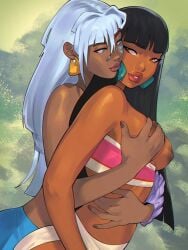 2girls atlantis:_the_lost_empire big_breasts big_lips black_hair blue_eyes breast_grab breasts chel cinnabarbie clothed clothing crossover dark-skinned_female dark_skin disney dreamworks earrings exposed_breasts eyelashes eyeliner female female_focus female_only hi_res hug kida lipstick long_hair makeup mature_female multiple_girls nail_polish nipples skirt the_road_to_el_dorado thick_lips topwear topwear_down white_hair yuri