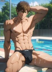 1boy abs ai_generated armpit bobsi brown_hair bulge free! green_eyes hand_behind_head looking_at_viewer makoto_tachibana male male_only manspreading muscular_arms muscular_male muscular_thighs pecs pool poolside pubic_hair serratus serratus_anterior smiling smiling_at_viewer solo speedo swim_briefs swimwear tachibana_makoto v-line wet_body