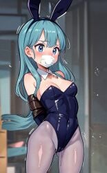 ai_generated arms_tied_behind_back artist_request blue_eyes blue_hair blush bondage bulma_(bunny) bulma_briefs bunnysuit dragon_ball_(series) dragon_ball_z fake_rabbit_ears female female_only gag gagged looking_at_viewer tape_gag