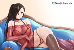 1girls aegis_(nerocc) bare_shoulders blush bra breasts brown_eyes brown_hair cleavage commission couch covered_nipples detached_sleeves feet_out_of_frame female female female_only fire_emblem fire_emblem_fates gloves hair_over_one_eye indoors kagero_(fire_emblem) large_breasts lingerie long_hair looking_at_viewer lying nintendo on_couch on_side panties pink_panties ponytail revealing_clothes see-through simple_background skeb_commission smile thighhighs thong underwear