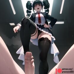 1boy 1girls ai_generated angry angry_face black_hair black_legwear celestia_ludenberg cock_and_ball_torture danganronpa danganronpa:_trigger_happy_havoc danganronpa_2:_goodbye_despair from_below greenwave hand_on_hip pantyshot penis stepping_on_penis tagme thighhighs twintails