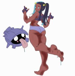 5_toes alybmanart ass_focus big_ass blue_eyes clothed color_edit colored_sketch dark-skinned_female dumptruck_ass feet female female_only fingerless_gloves foot_lifted foreshortening hair_ornament hoop_earrings huge_ass long_hair looking_back_at_viewer nessa_(pokemon) nintendo nipple_bulge paintmeanon pokemon purple_clothing soles toned_female two_tone_hair wet