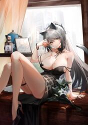 1girls 2023 animal_ears arknights ass bare_shoulders big_breasts breasts cat_ears cat_tail catgirl choker grey_hair hi_res high_heels kemonomimi large_breasts legs light-skinned_female light_skin long_hair looking_at_viewer ponytail schwarz_(arknights) sitting solo tail thigh_strap thighs yellow_eyes yunlingluo