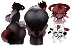 1girls ass ass_focus big_ass big_breasts black_dress black_sclera blood blood_stain breasts docu_(doppel) docu_(gb) doppel dress grey_skin horns looking_back meme pointy_ears pose red_eyes tail underboob white_hair