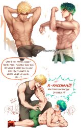 2boys abs aged_up bakugou_katsuki being_watched blonde_hair blush buff embarrassed english_text garnetquyen gay green_hair gym gym_clothes holding_leg innuendo izuku_midoriya katsuki_bakugou leg_grab leg_on_shoulder male muscles muscular muscular_male my_hero_academia red_eyes shirtless speech_bubble tank_top training yaoi