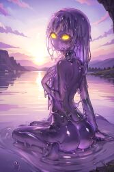 ai_generated ap2-ai-artist ass completely_naked completely_nude fantasy female flat_chest from_behind hand_on_chest hi_res high_resolution lake monster_girl naked nude original original_character purple_hair purple_skin reflection see-through sitting slime slime_(substance) slime_girl slime_hair sunset transparent yellow_eyes