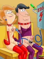 1boy1girl bdsm_outfit bondage bondage couple_toying electric electricity electro electrodes electrostimulation imminent_electrostimulation shock shocked shocking tagme the_fairly_oddparents timmy's_dad timmy's_mom toon_bdsm wires