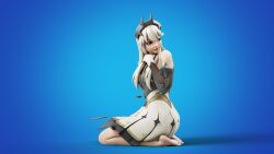 3d 3d_(artwork) blender_(software) blonde_hair dress feet female female_focus female_only fortnite kneeling lexa_(fortnite) neverseenme on_knees pale-skinned_female pale_skin princess_lexa_(fortnite) red_eyes silver_hair sitting smile smiling smirk soles toes white_hair