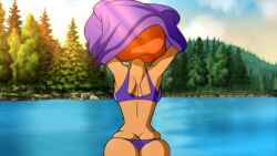 1female 1girls 2d accurate_art_style alternate_ass_size armpits arms_above_head ass back back_view background behind_view big_ass big_butt bikini bikini_bottom bikini_top butt_crack camp_scare clothes_too_small clothing_too_small daphne_blake edit edited edited_screencap female forest lake large_ass orange_hair purple_sweater red_hair scooby-doo scooby-doo!_camp_scare screencap screenshot screenshot_edit self_upload shoulder_blades skindentation stripping taking_clothes_off thin_waist undressing yetig